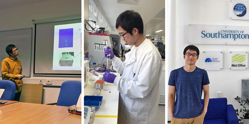 A collage of photos of a man in a lab, giving a presentation, and posing in front of a University of Southampton sign