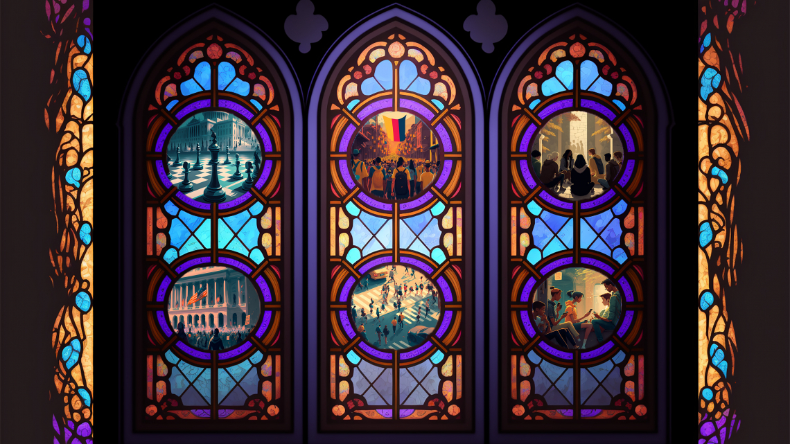 Dark stained glass picture with illustrated images of various forms of political activism 
