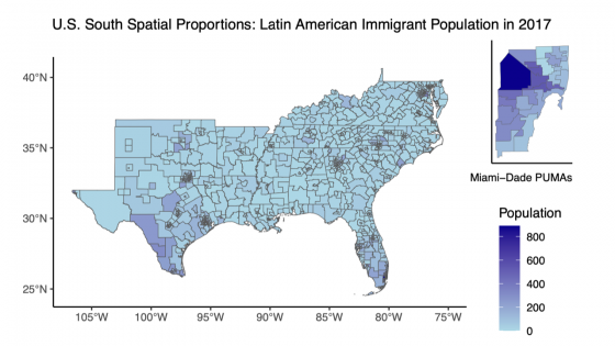 A color coded map of the US South showing Latin American immigrant populations