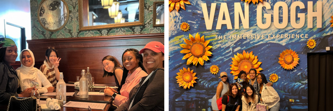 Left photo: students seated at a restaurant. Right photo: group of students in front of Van Gogh Exhibit