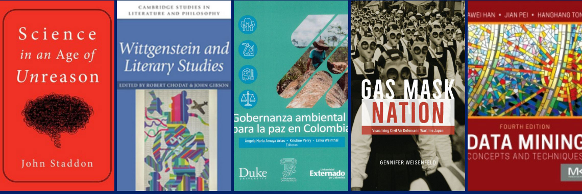 Book covers: Science in an Age of Unreason, Wittgenstein and Literary Studies, Gobernanza ambiental para la paz en Colombia, Gas Mask Nation, Data Mining