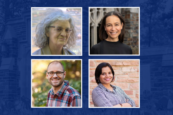 Blue background with headshots of four winners