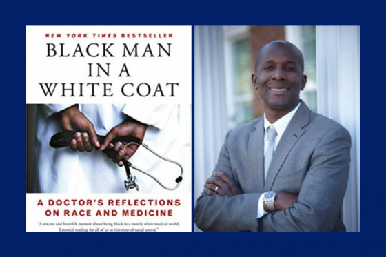 "Black Man in a White Coat" book cover next to Damon Tweedy