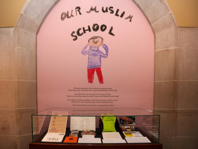 Child's drawing of a person with "Our Muslim School" written above it