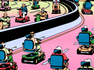 illustration of people in motorized wheelchairs driving down the highway