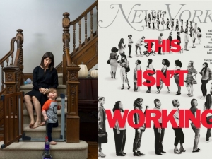 A photo of a woman and a child on a staircase next to a magazine cover