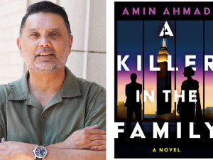 Collage with Amin Ahmad's headshot on the left and the cover of his new book on the right