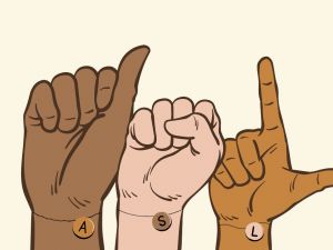 ASL spelled out in illustrated hands