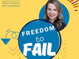 "Freedom to Fail" text in a blue bubble with photo of Bridgette Martin Hard