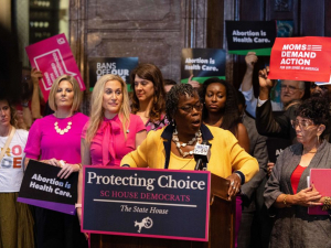 Abortion rights advocates and lawmakers holding a press conference