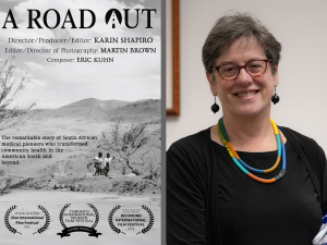 "A Road Out" movie poster shows a South African landscape in black and white