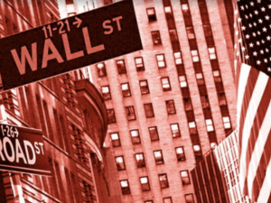wall street sign and american flag all in red filter