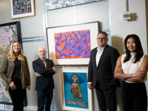 From left: The curatorial team of Julia McHugh, Marshall Price, Mark Olson and Julianne Miao, who oversaw the exhibition ÒAct as if You Are a Curator,Ó that was put together by asking ChatGPT to organize it, at Duke University's Nasher Museum of Art, in Durham, N.C., Sept. 1, 2023.