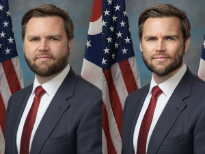 side by side of JD Vance in suit, on left the original, on right, a digital altered version