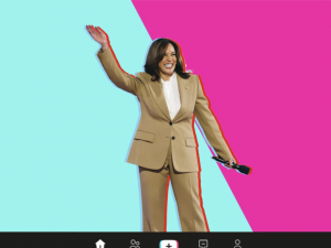 image of Kamala Harris with TikTok styled blue and pink background