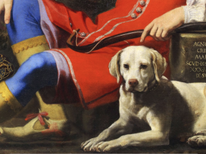 fine art image of dog sitting at owners feet