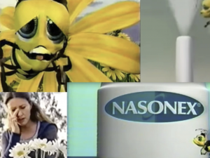 clips from a Nasonex ad show bees and a woman sneezing