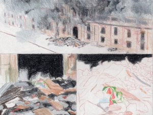 drawings of buildings burning down