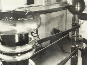 Richard Crane, Arthur Ruhlig’s thesis advisor, with the University of Michigan accelerator used for experiments.