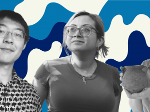 3 students in black and white against a colorful background