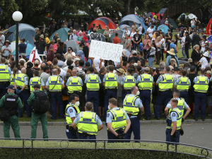 Anti-vaccine protesters outside parliament in Wellington. Picture: Hagen Hopkins/Getty Images