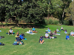 Jen'nan Read's class during a masked break in Duke Gardens