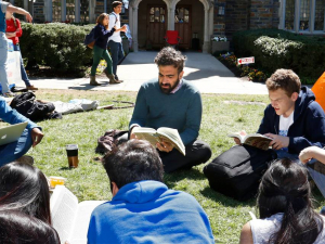 In this file photo, Duke University students gather outside for a class taught by a lecturing fellow in the Thompson Writing Program at Duke 