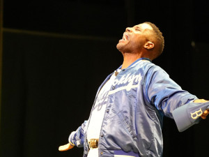 Duke Professor Mike Wiley as Jackie Robinson in Clayton. Photo by Joshua Propst.