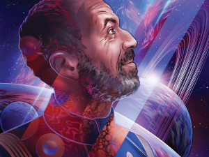 A drawing of Mohamed Noor in a Star Trek uniform against a planet