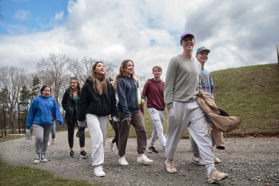 group of students walking along path during weekend retreat at Camp Cheerio. Photo courtesy John West/Trinity Communications