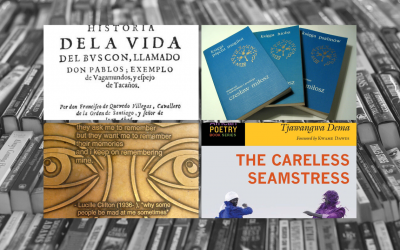 Covers of books by Lucille Clifton, Francisco de Quevedo, Czeslaw Milosz, and Tjawangwa Dema