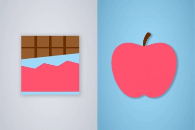 Icons of a chocolate bar and an apple side by side