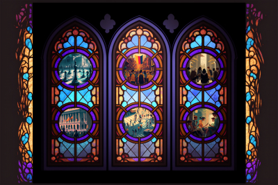 Dark stained glass picture with illustrated images of various forms of political activism