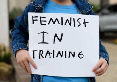 A person holds a sign reading "Feminist in training"