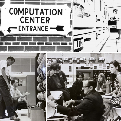 black and white images of early computation center 